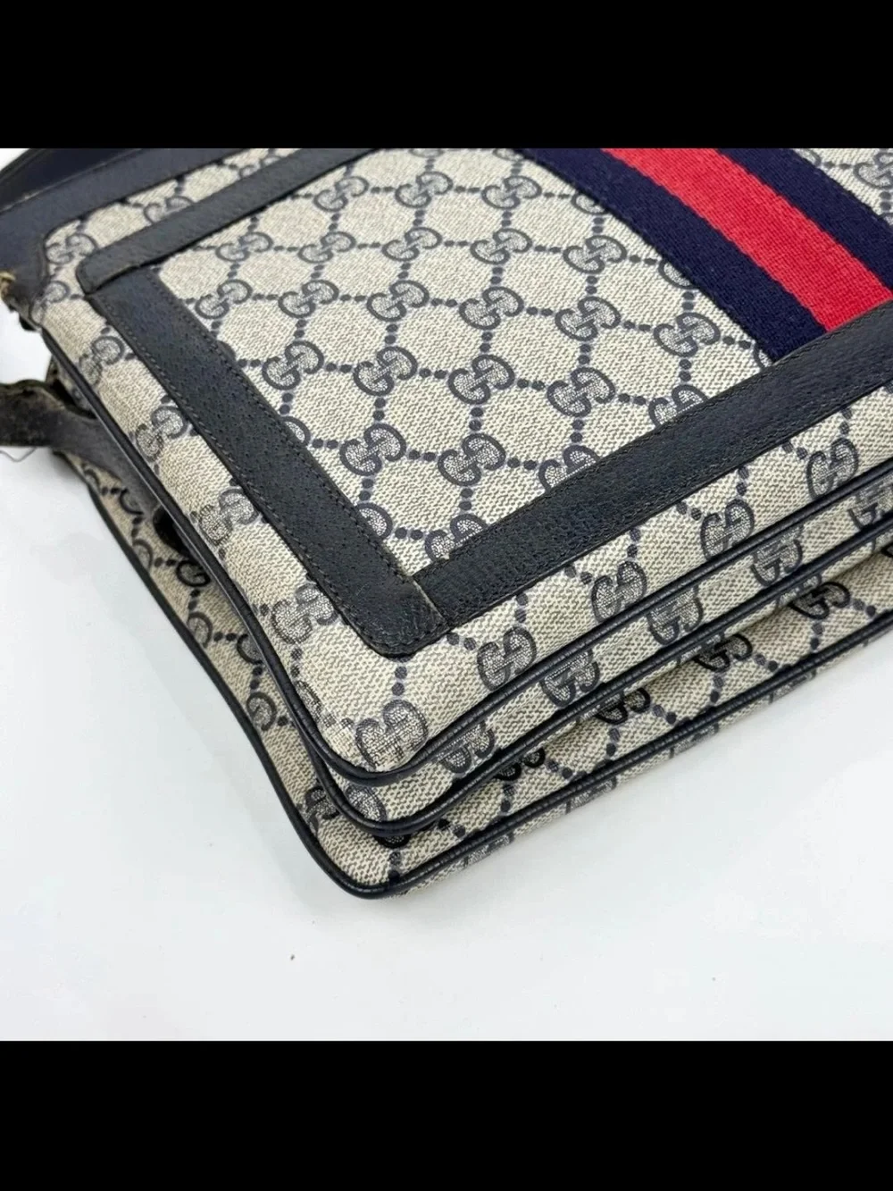 Gucci Beige GG Canvas Crossbody with Navy & Red Stripe
